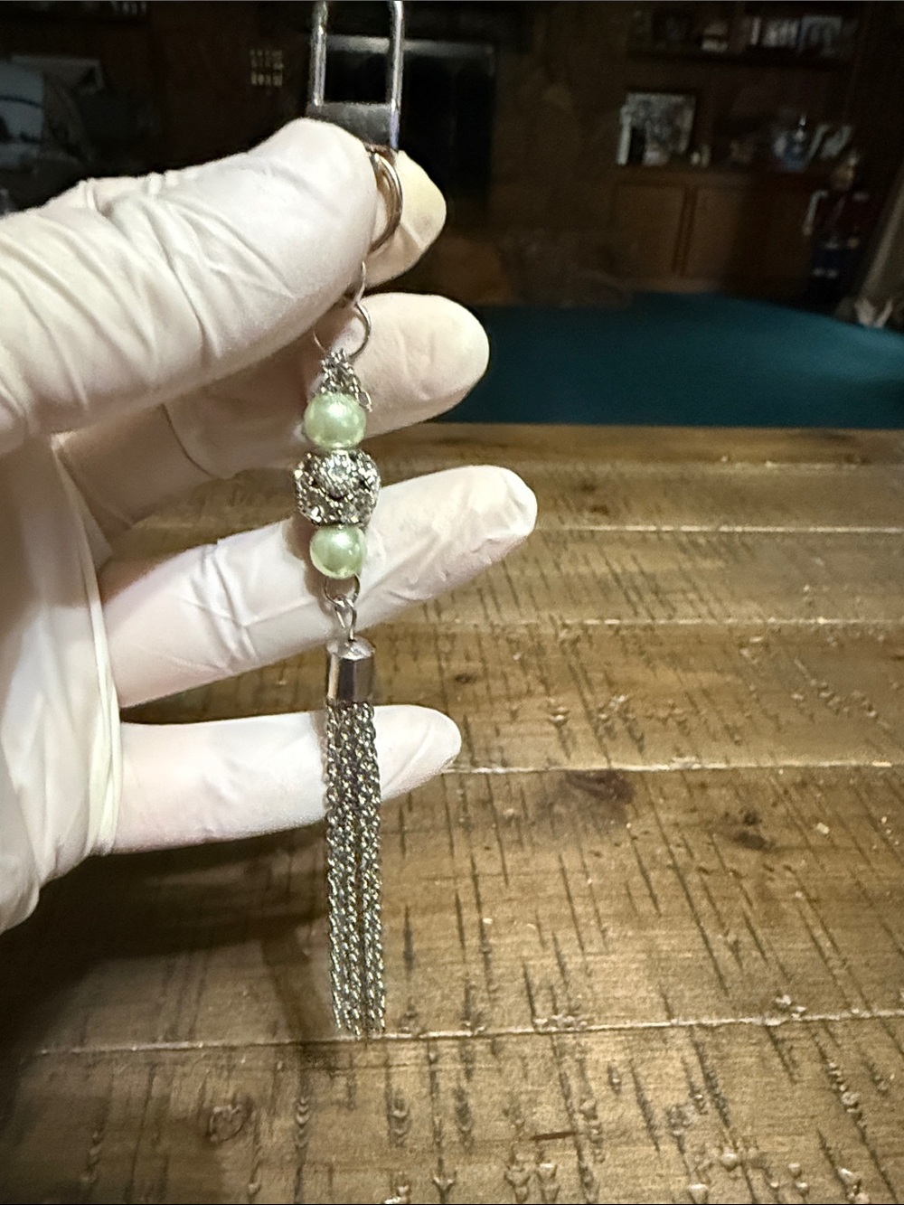 Silver Tassel Keychain Charm with Pale Green Beads